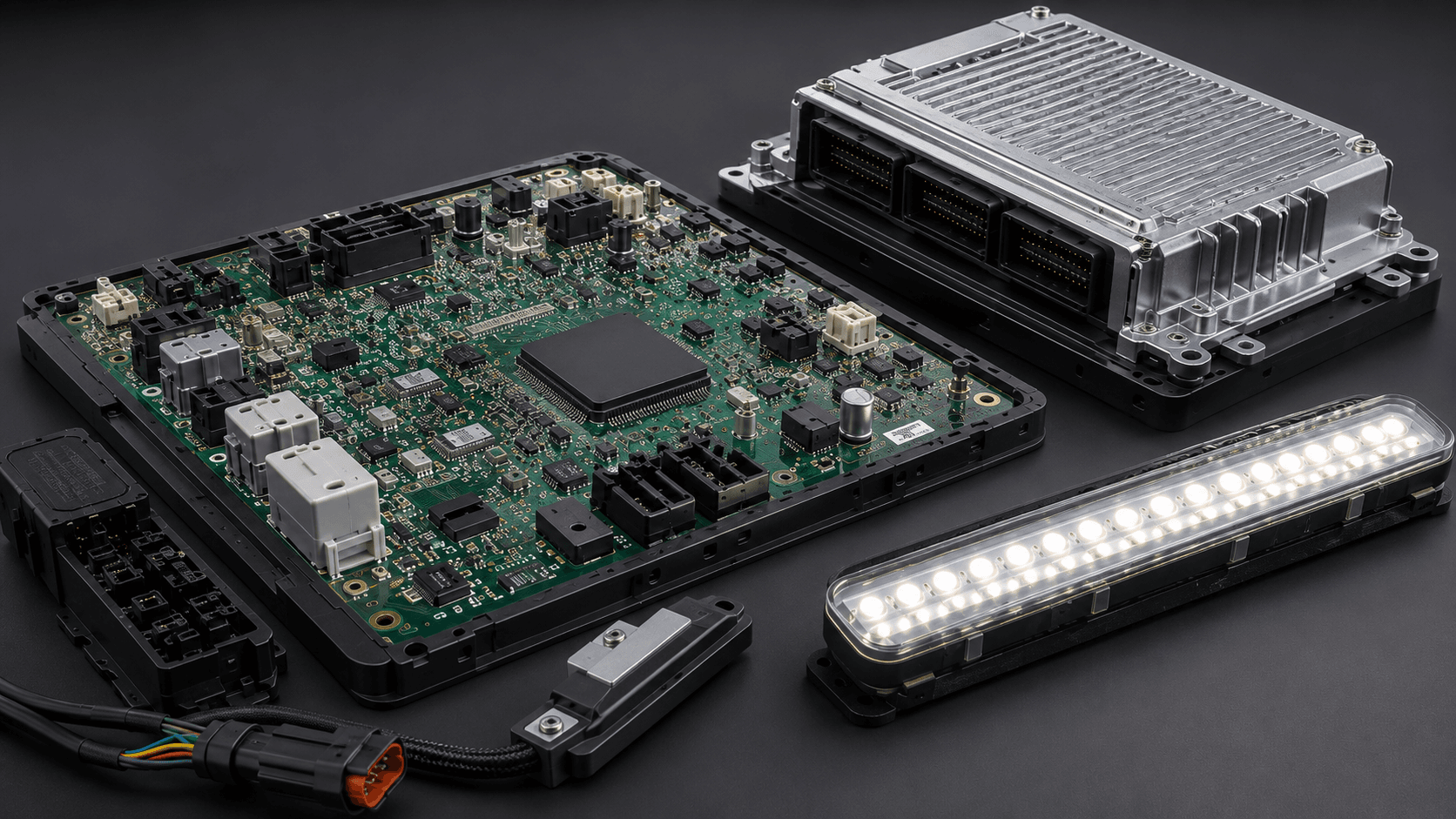 Automotive electronics including PCB assemblies, ECU enclosure, and LED lighting module
