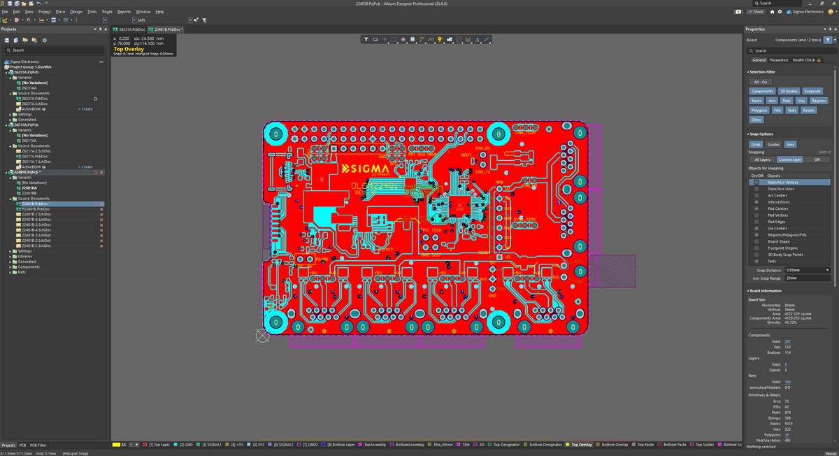 PCB design review in Altium Designer showing top layer overlay with component layout and routing