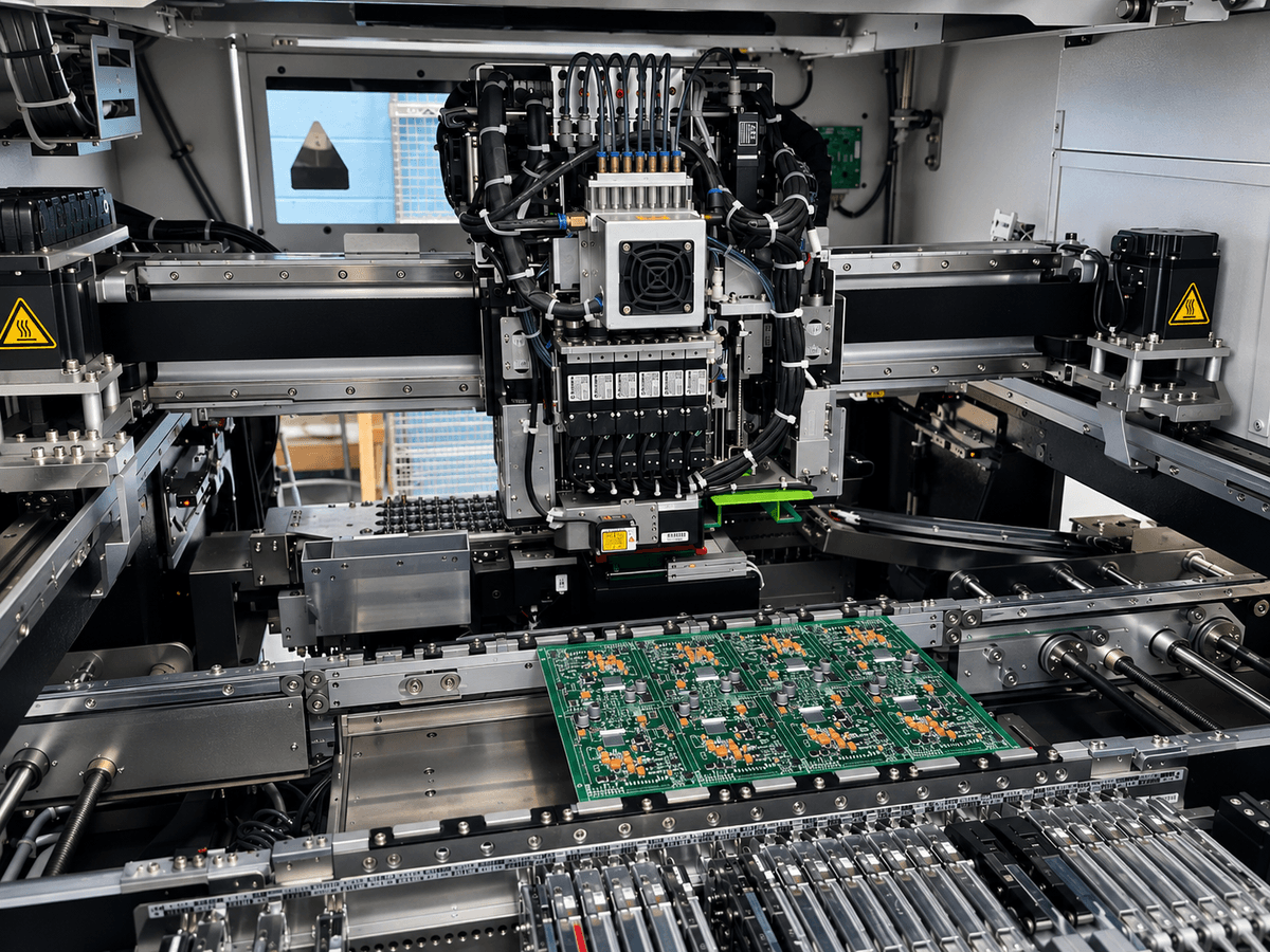 SMT pick-and-place machine assembling PCB panels with precision component placement